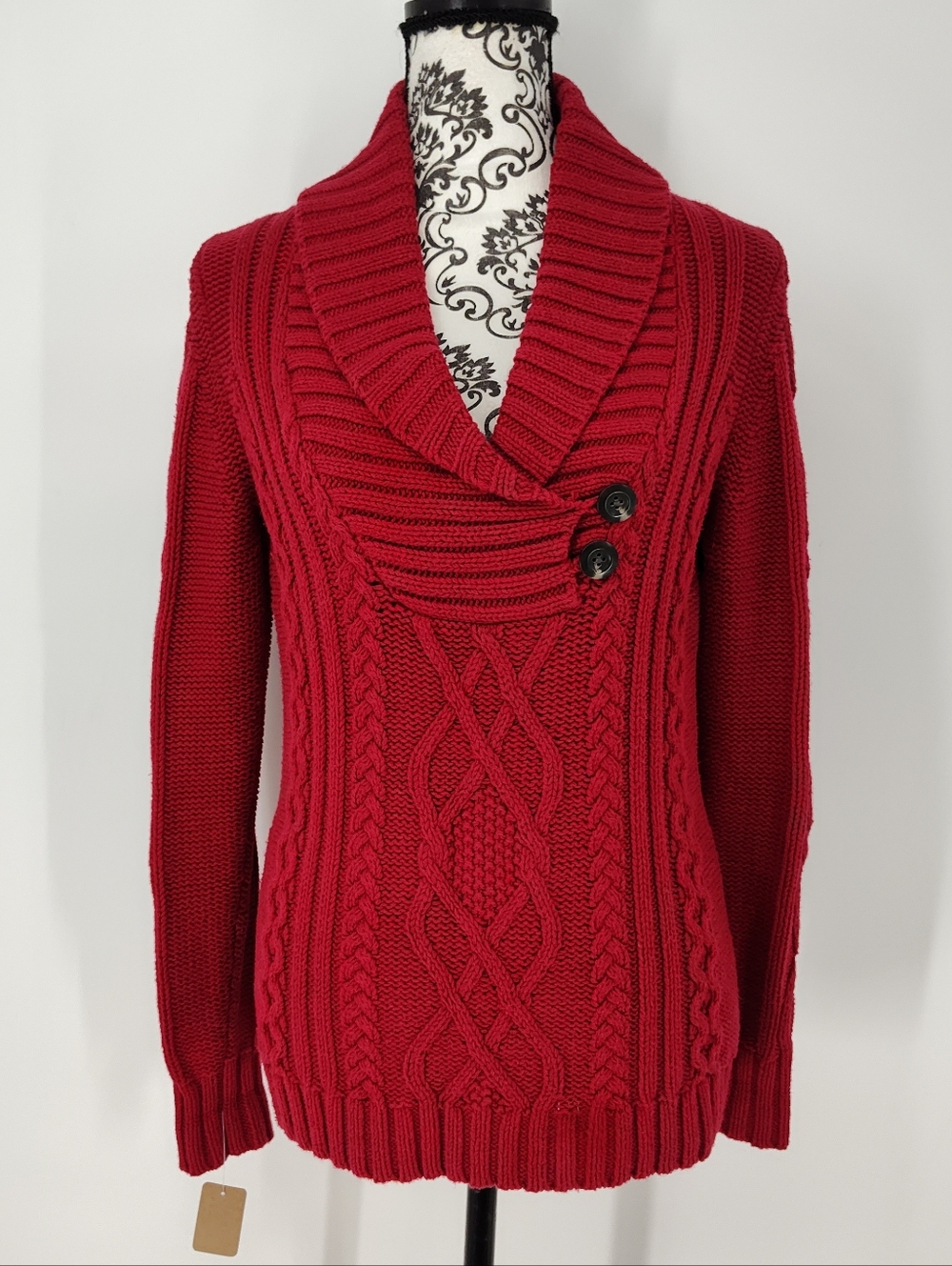 Eddie Bauer Red Cable-Knit Shawl-Collar Sweater with Button Detail Women's Small